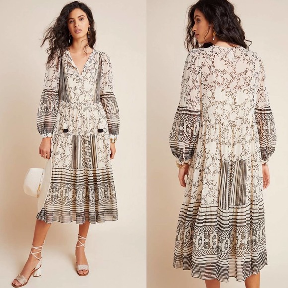 Anthropologie Dresses & Skirts - By Anthropologie Talulah Tiered Midi Dress cream black size small